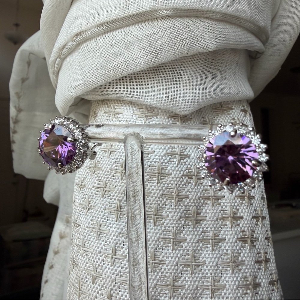 Sterling Silver Purple Round Stone Clear Cubic Zirconia Halo Omega Earrings